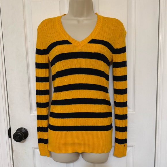Tommy Hilfiger Yellow Black Striped V-Neck Knit Sweater Fall Size M - Picture 3 of 5